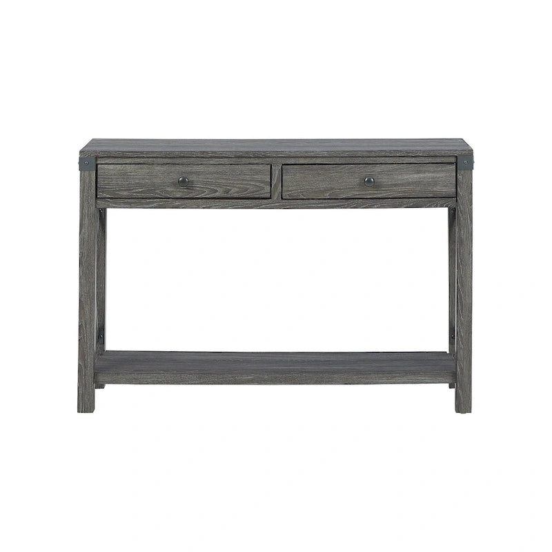 Console de ferme rustique avec 2 tiroirs et étagère ouverte en bois et métal gris