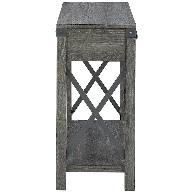Console de ferme rustique avec 2 tiroirs et étagère ouverte en bois et métal gris