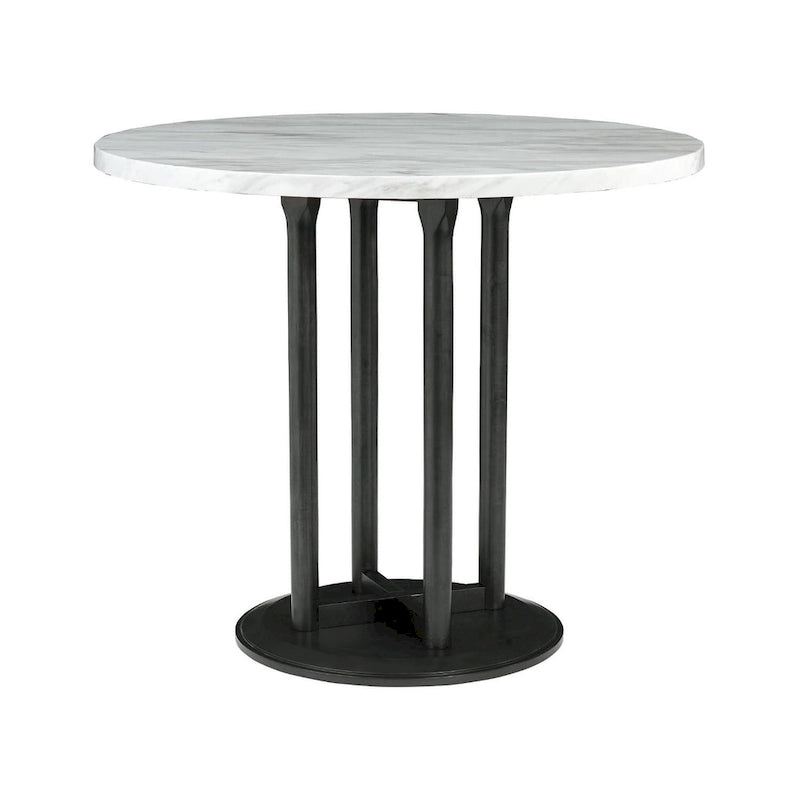 Table piédestal de hauteur comptoir ronde aspect marbre blanc noir