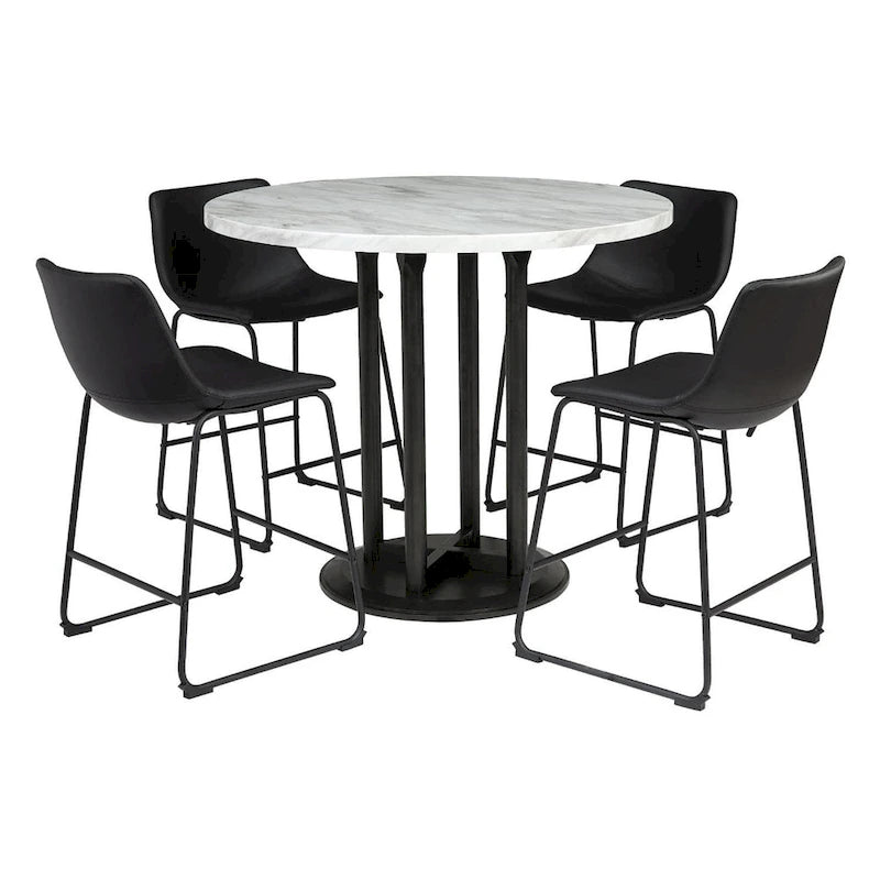 Table piédestal de hauteur comptoir ronde aspect marbre blanc noir