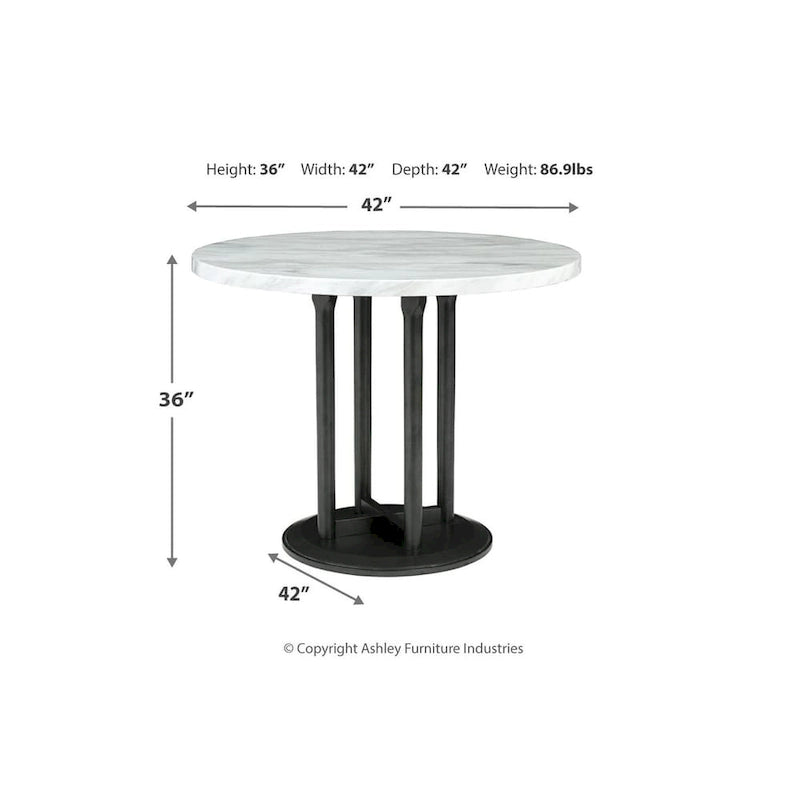 Table piédestal de hauteur comptoir ronde aspect marbre blanc noir