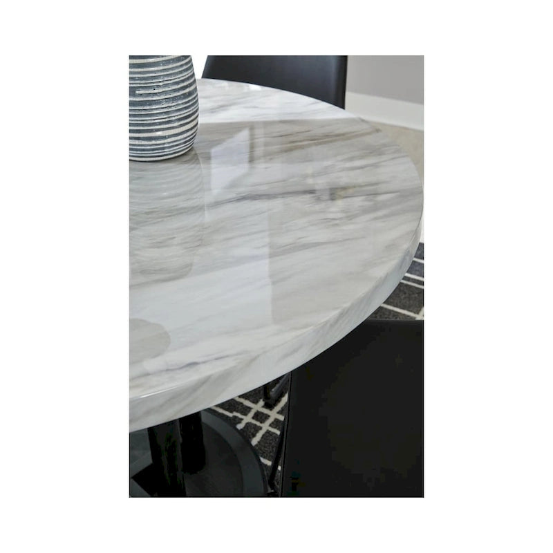 Table piédestal de hauteur comptoir ronde aspect marbre blanc noir