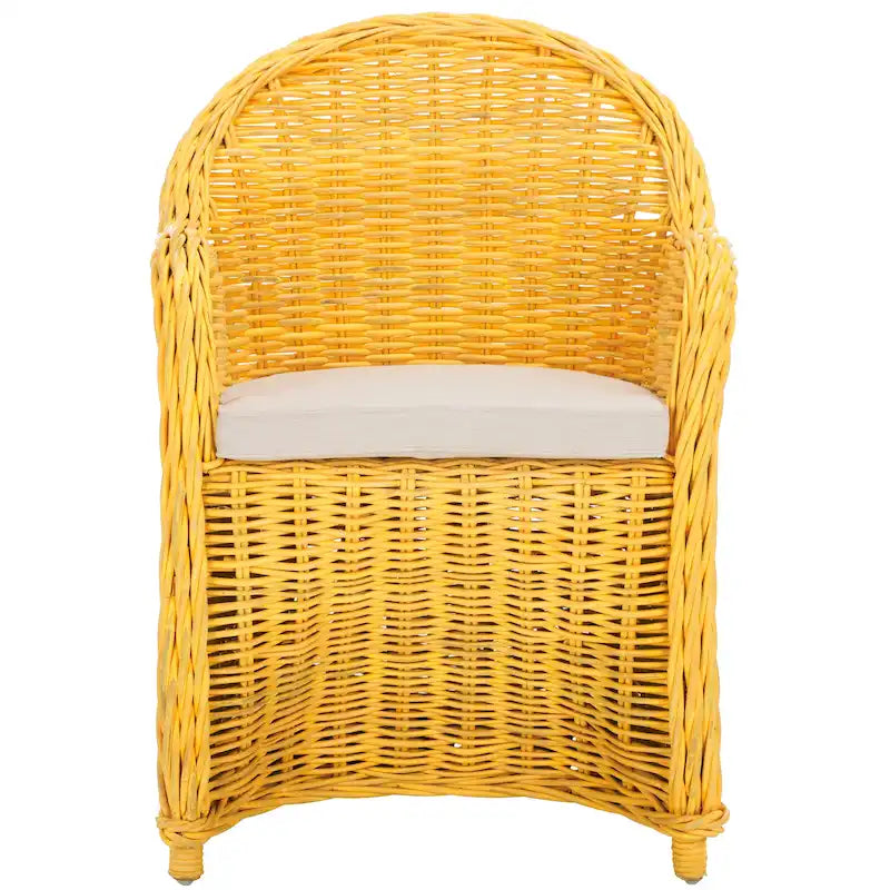 Fauteuil club en rotin naturel Kubu avec coussin, accent tressé jaune