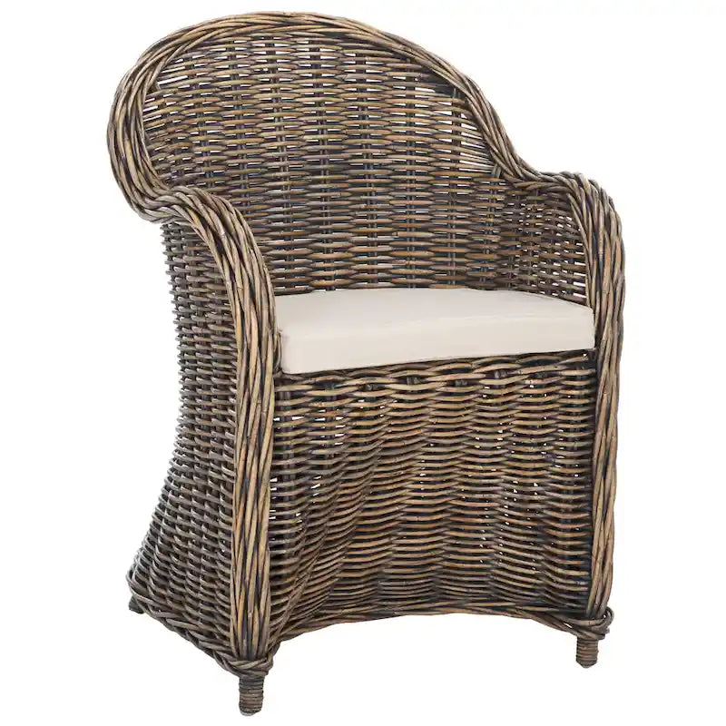Fauteuil club en rotin naturel Kubu avec coussin, accent tressé jaune