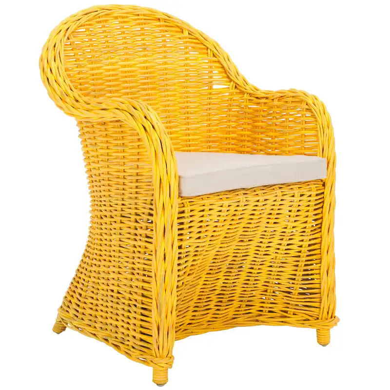 Fauteuil club en rotin naturel Kubu avec coussin, accent tressé jaune