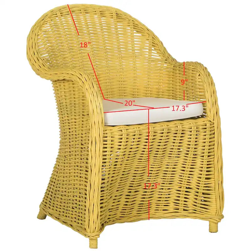 Fauteuil club en rotin naturel Kubu avec coussin, accent tressé jaune