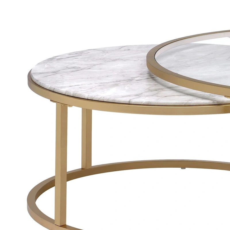 Table basse à armature en métal doré ronde, avec plateau en verre et faux marbre