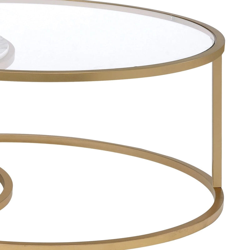 Table basse à armature en métal doré ronde, avec plateau en verre et faux marbre