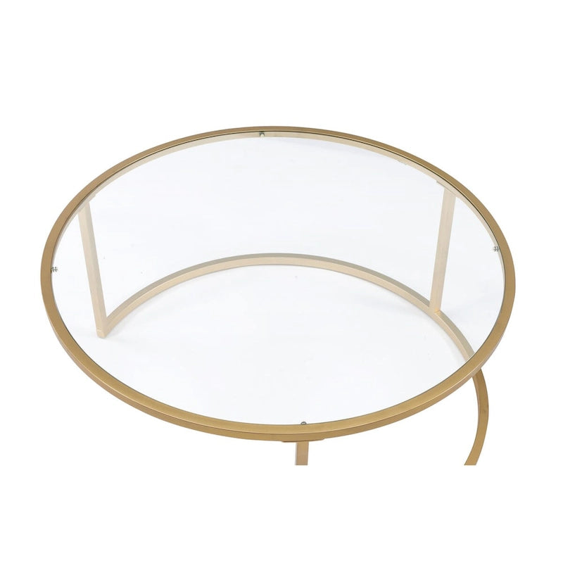 Table basse à armature en métal doré ronde, avec plateau en verre et faux marbre