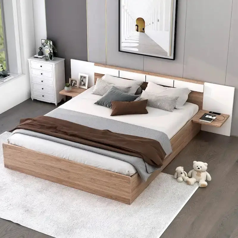 Lit Plateforme avec Tête de Lit Étagère Rangement USB Tiroirs Bois Naturel Blanc