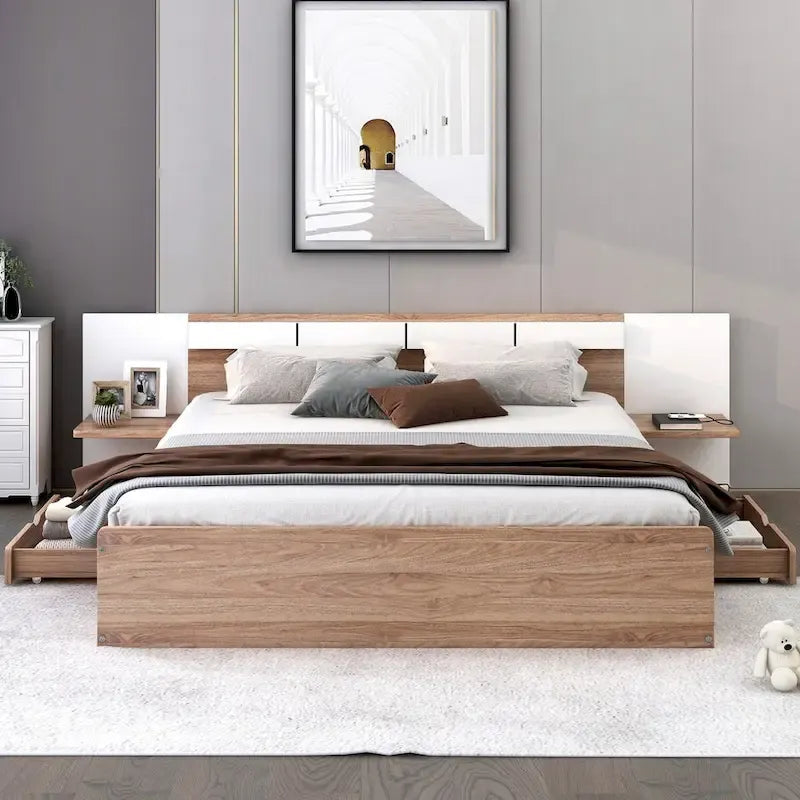 Lit Plateforme avec Tête de Lit Étagère Rangement USB Tiroirs Bois Naturel Blanc