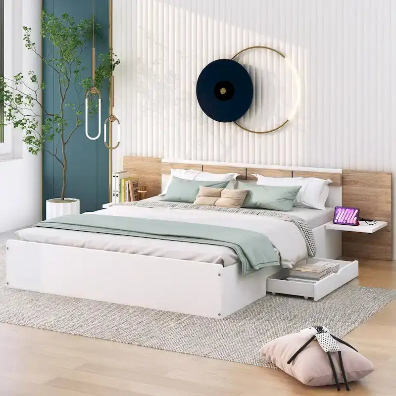 Lit Plateforme avec Tête de Lit Étagère Rangement USB Tiroirs Bois Naturel Blanc