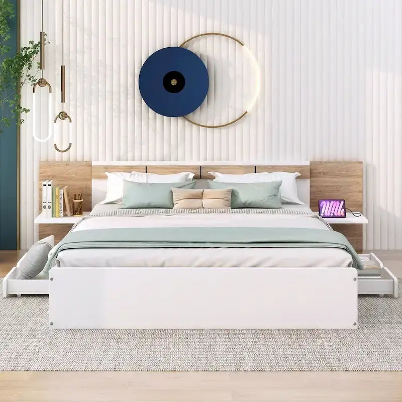 Lit Plateforme avec Tête de Lit Étagère Rangement USB Tiroirs Bois Naturel Blanc