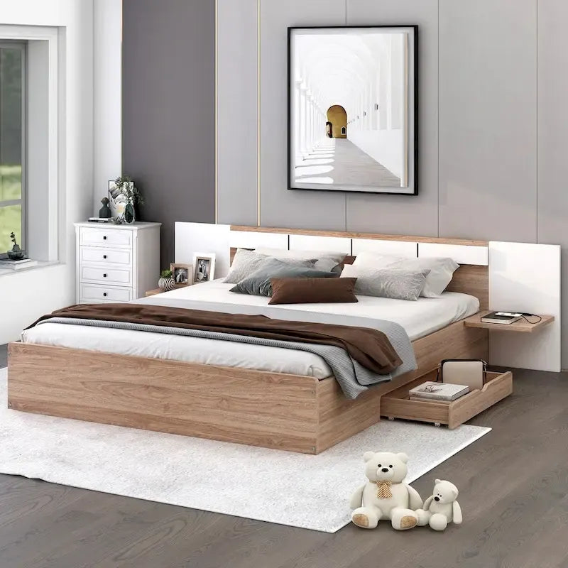 Lit Plateforme avec Tête de Lit Étagère Rangement USB Tiroirs Bois Naturel Blanc