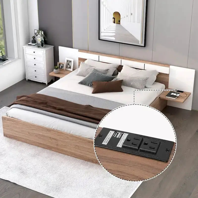 Lit Plateforme avec Tête de Lit Étagère Rangement USB Tiroirs Bois Naturel Blanc