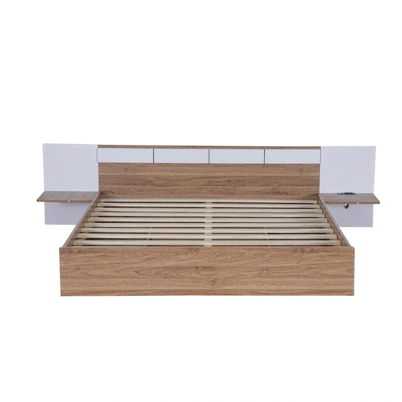 Lit Plateforme avec Tête de Lit Étagère Rangement USB Tiroirs Bois Naturel Blanc