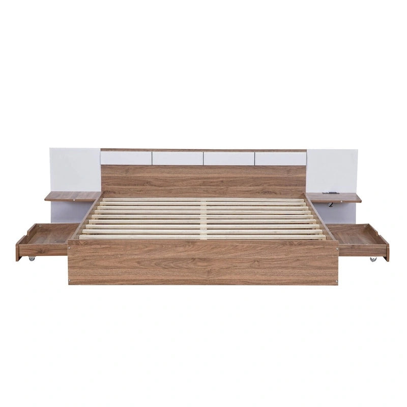 Lit Plateforme avec Tête de Lit Étagère Rangement USB Tiroirs Bois Naturel Blanc