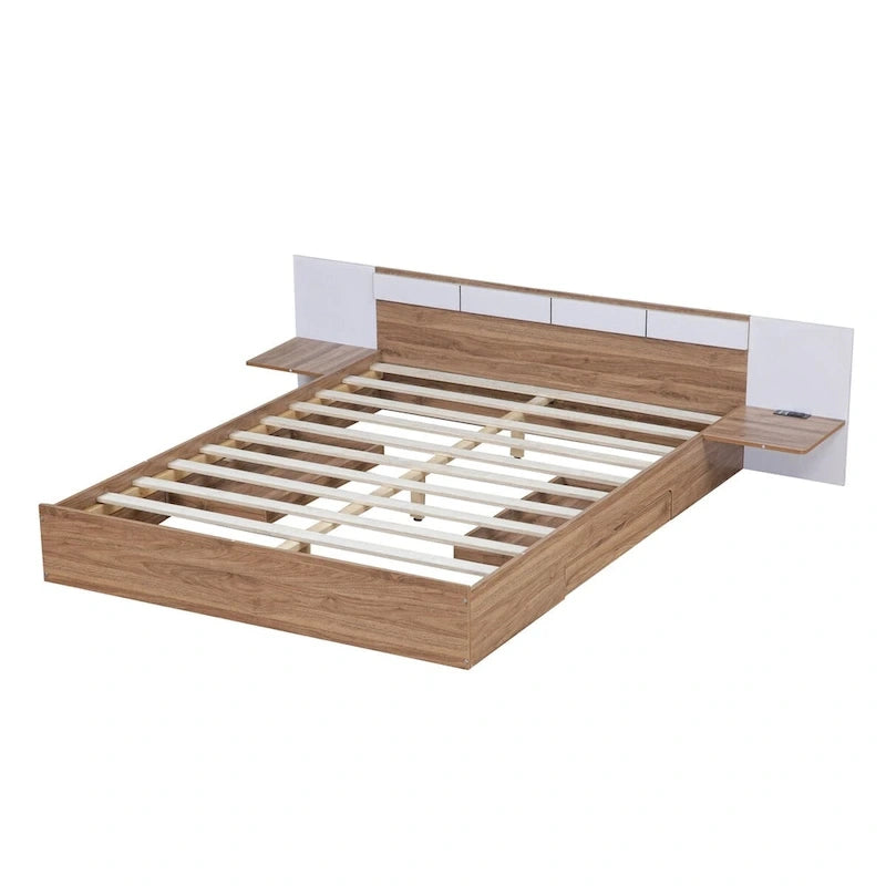 Lit Plateforme avec Tête de Lit Étagère Rangement USB Tiroirs Bois Naturel Blanc