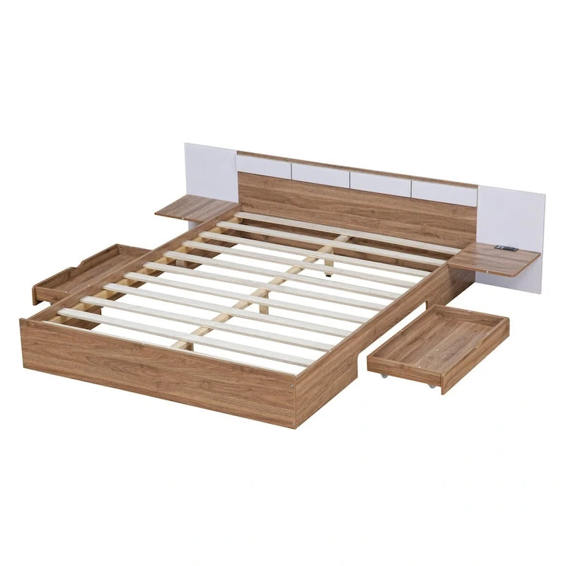 Lit Plateforme avec Tête de Lit Étagère Rangement USB Tiroirs Bois Naturel Blanc