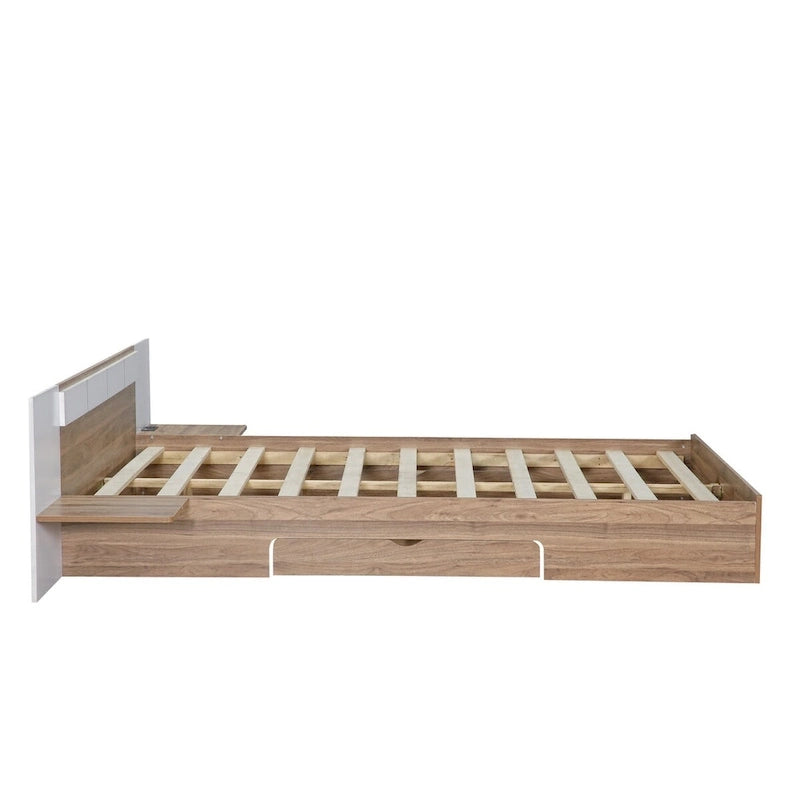 Lit Plateforme avec Tête de Lit Étagère Rangement USB Tiroirs Bois Naturel Blanc