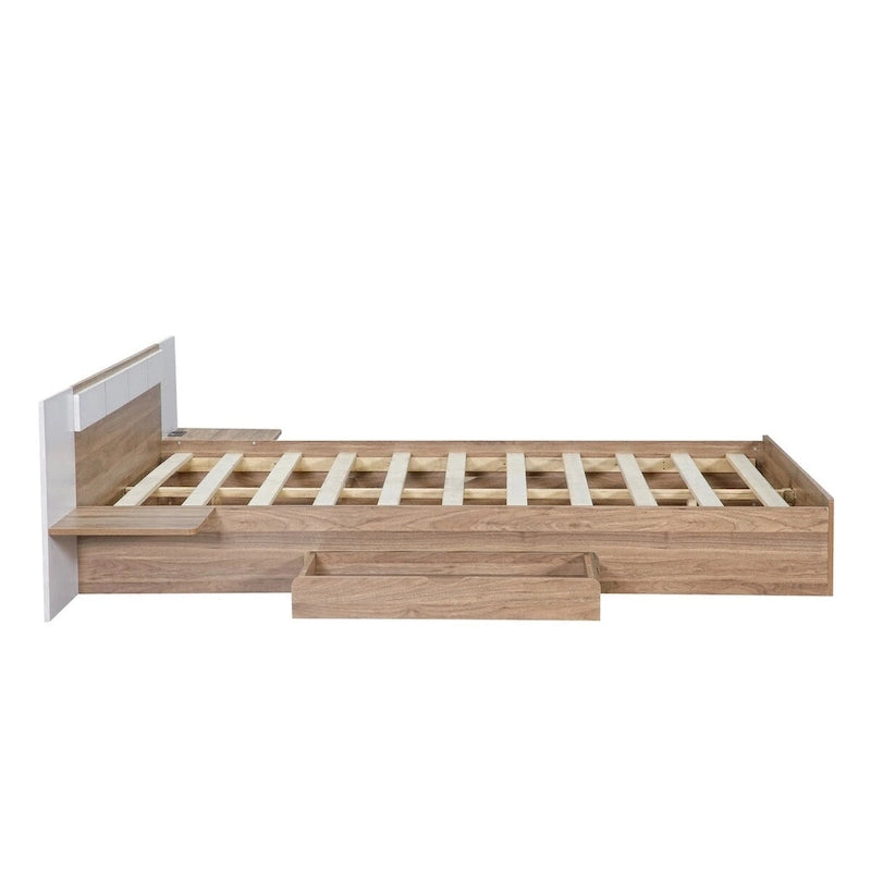 Lit Plateforme avec Tête de Lit Étagère Rangement USB Tiroirs Bois Naturel Blanc