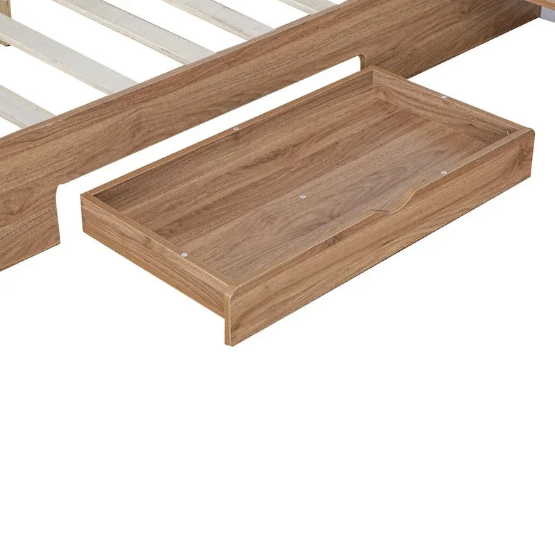 Lit Plateforme avec Tête de Lit Étagère Rangement USB Tiroirs Bois Naturel Blanc