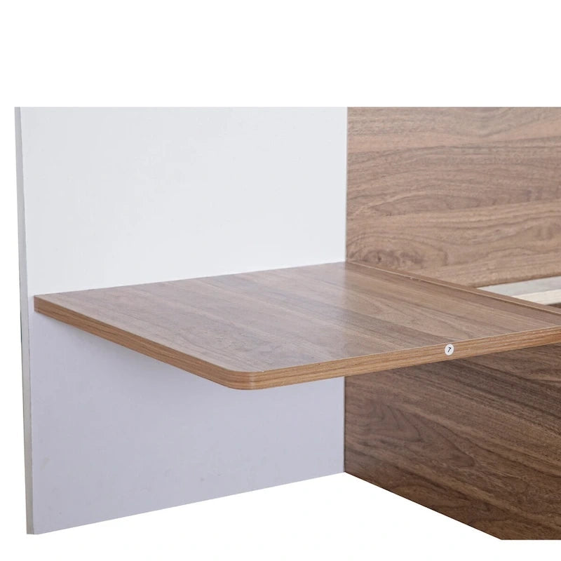 Lit Plateforme avec Tête de Lit Étagère Rangement USB Tiroirs Bois Naturel Blanc