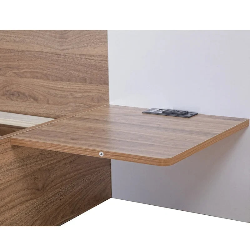 Lit Plateforme avec Tête de Lit Étagère Rangement USB Tiroirs Bois Naturel Blanc