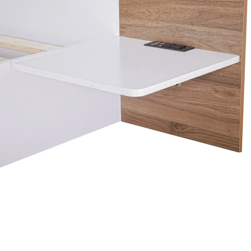 Lit Plateforme avec Tête de Lit Étagère Rangement USB Tiroirs Bois Naturel Blanc