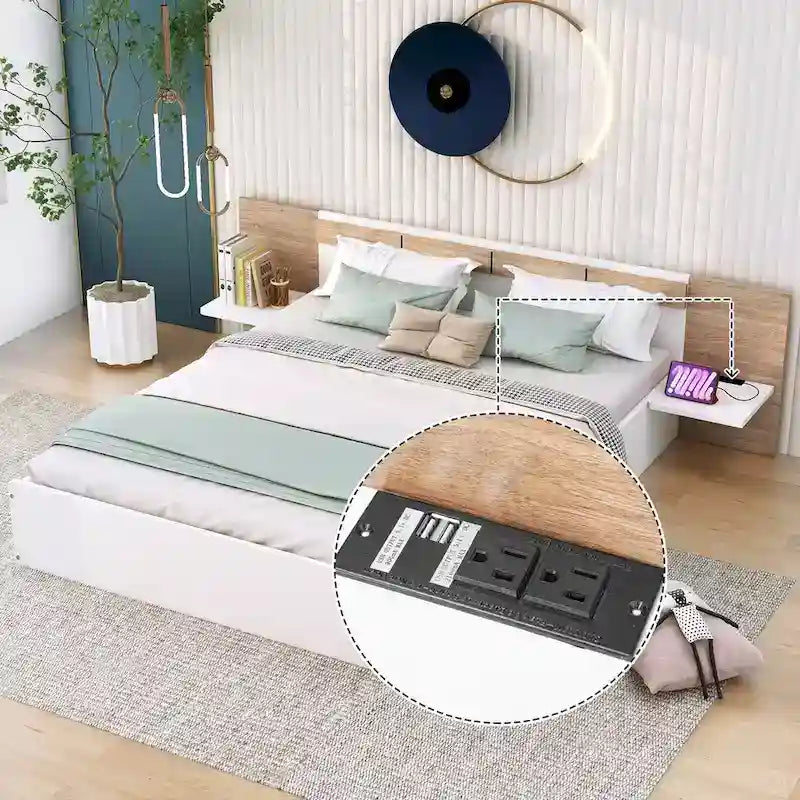 Lit Plateforme avec Tête de Lit Étagère Rangement USB Tiroirs Bois Naturel Blanc