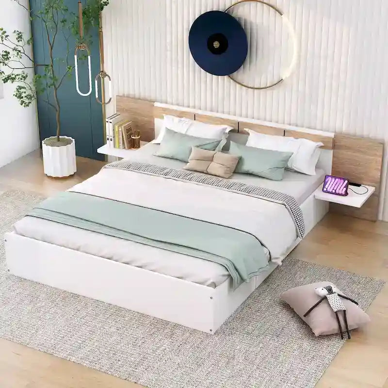 Lit Plateforme avec Tête de Lit Étagère Rangement USB Tiroirs Bois Naturel Blanc