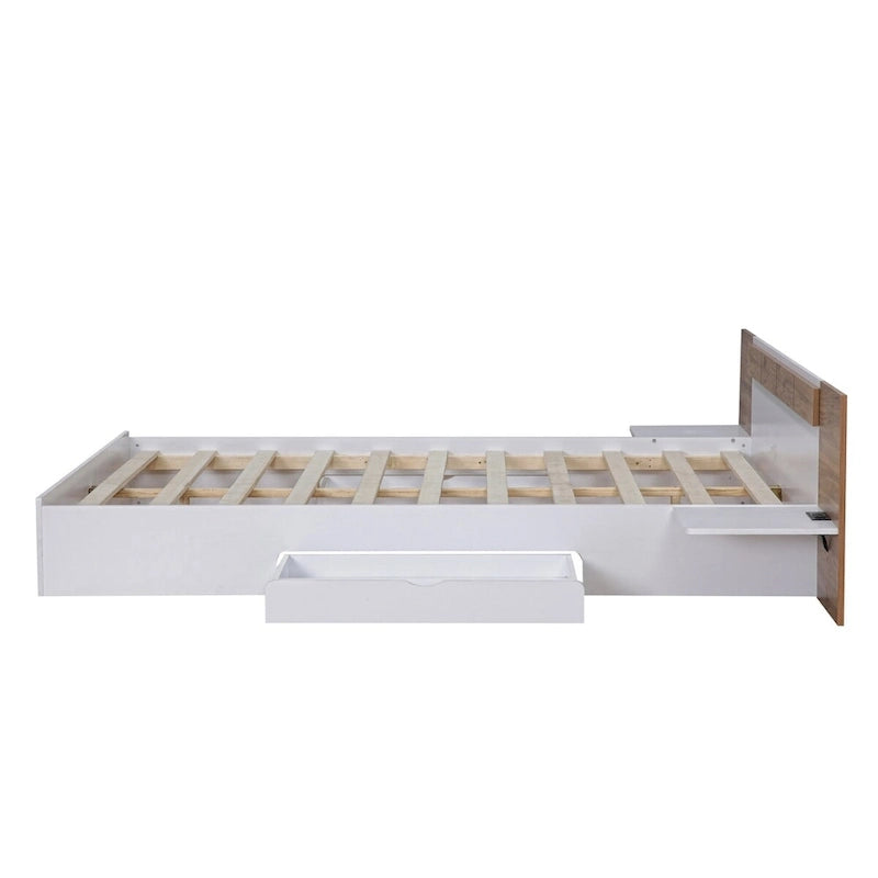 Lit Plateforme avec Tête de Lit Étagère Rangement USB Tiroirs Bois Naturel Blanc