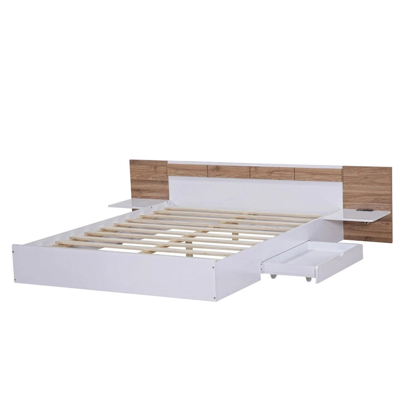 Lit Plateforme avec Tête de Lit Étagère Rangement USB Tiroirs Bois Naturel Blanc