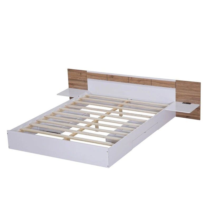 Lit Plateforme avec Tête de Lit Étagère Rangement USB Tiroirs Bois Naturel Blanc