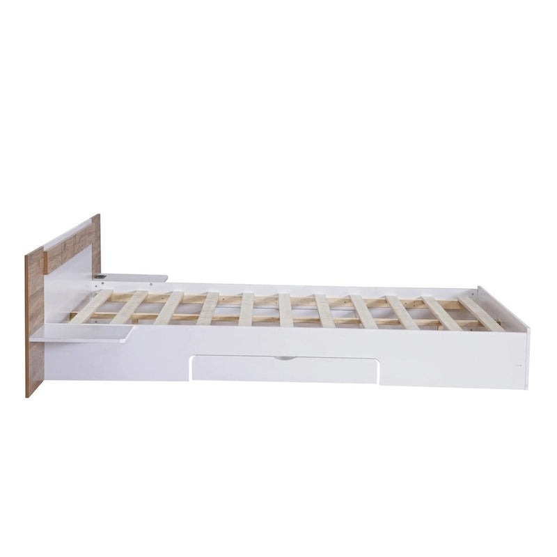 Lit Plateforme avec Tête de Lit Étagère Rangement USB Tiroirs Bois Naturel Blanc