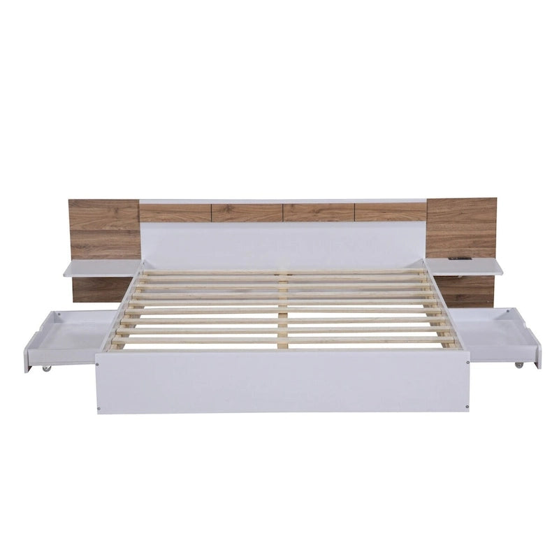 Lit Plateforme avec Tête de Lit Étagère Rangement USB Tiroirs Bois Naturel Blanc