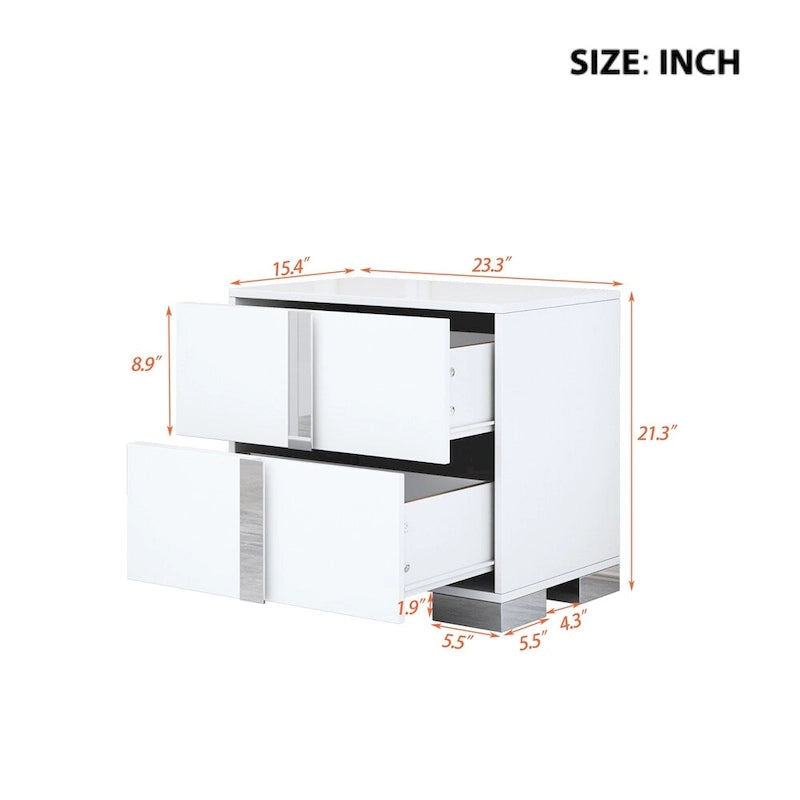 Table de chevet à 2 tiroirs miroir ultra brillante avec pieds en métal argenté