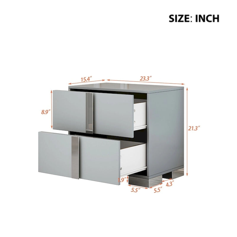 Table de chevet à 2 tiroirs miroir ultra brillante avec pieds en métal argenté