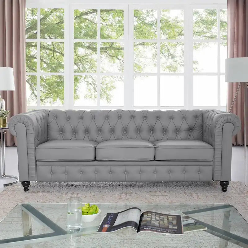 Canapé 3 places gris Chesterfield capitonné à accoudoirs roulés