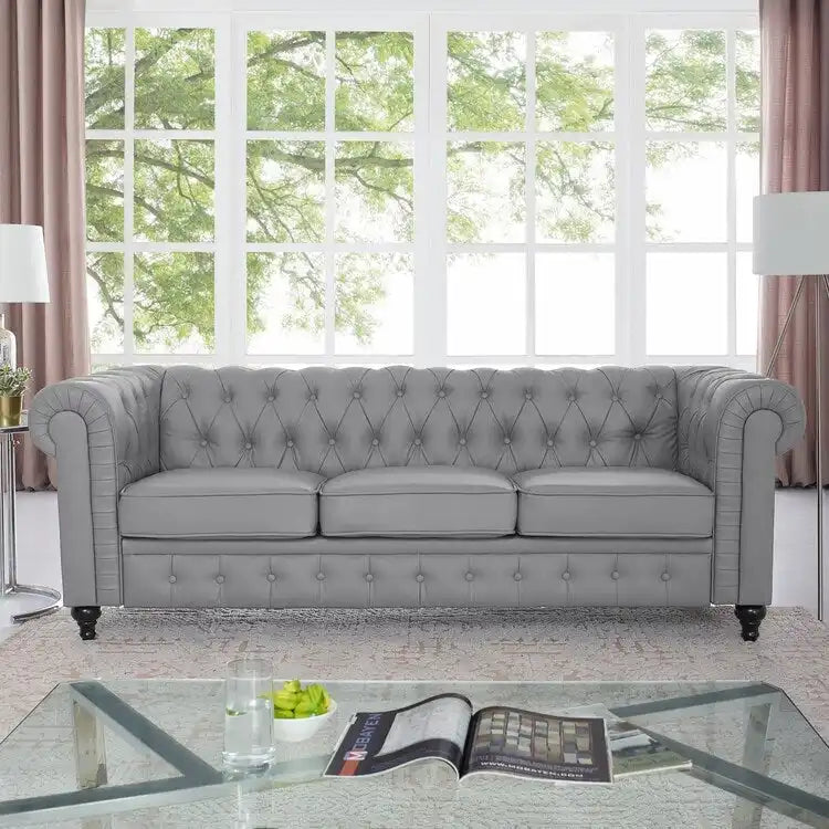 Canapé 3 places gris Chesterfield capitonné à accoudoirs roulés