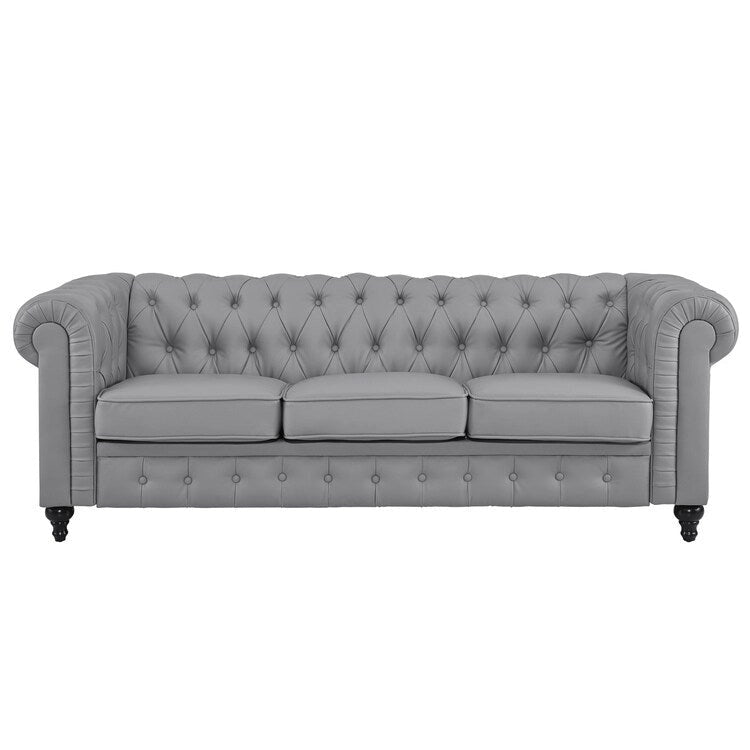 Canapé 3 places gris Chesterfield capitonné à accoudoirs roulés