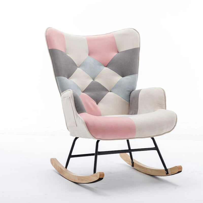 Fauteuil à bascule d'appoint capitonné patchwork avec dossier haut incurvé multicolore