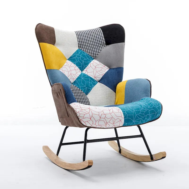 Fauteuil à bascule d'appoint capitonné patchwork avec dossier haut incurvé multicolore