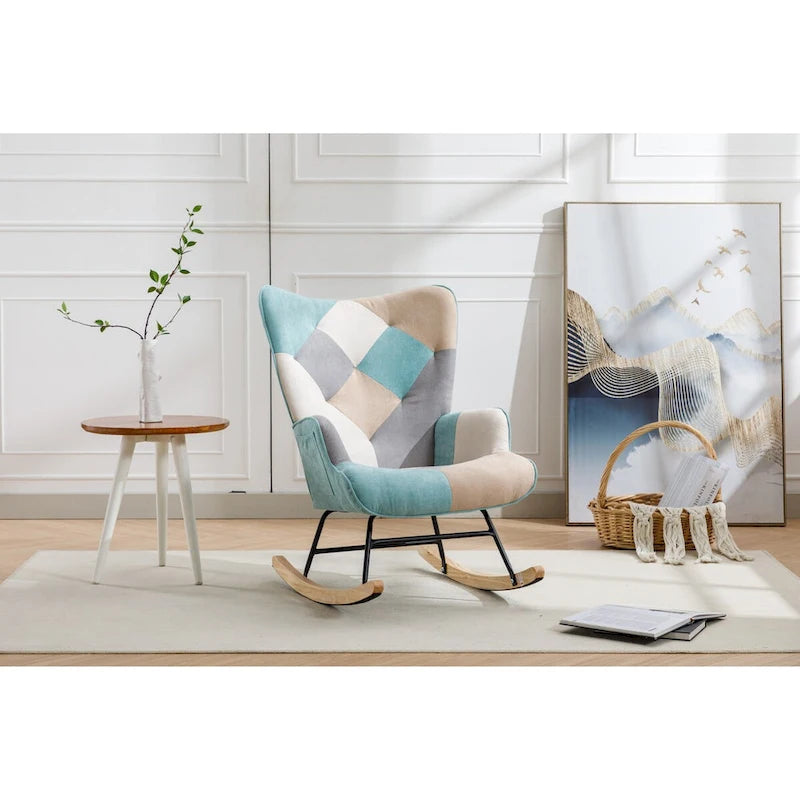 Fauteuil à bascule d'appoint capitonné patchwork avec dossier haut incurvé multicolore