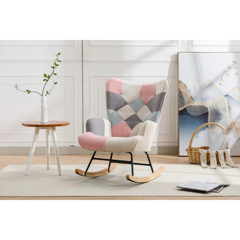 Fauteuil à bascule d'appoint capitonné patchwork avec dossier haut incurvé multicolore