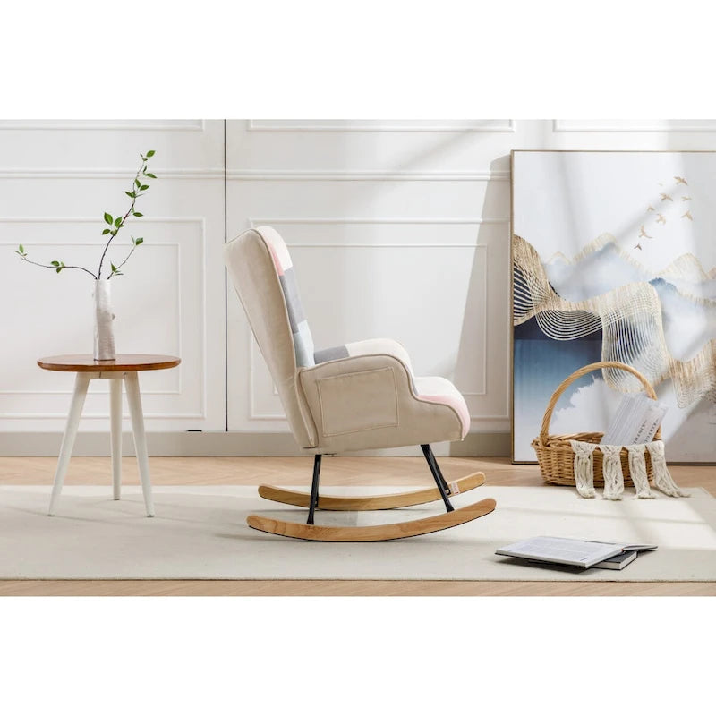 Fauteuil à bascule d'appoint capitonné patchwork avec dossier haut incurvé multicolore