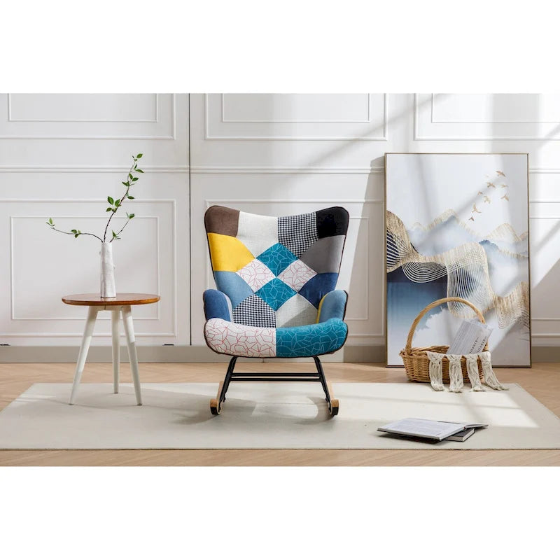 Fauteuil à bascule d'appoint capitonné patchwork avec dossier haut incurvé multicolore