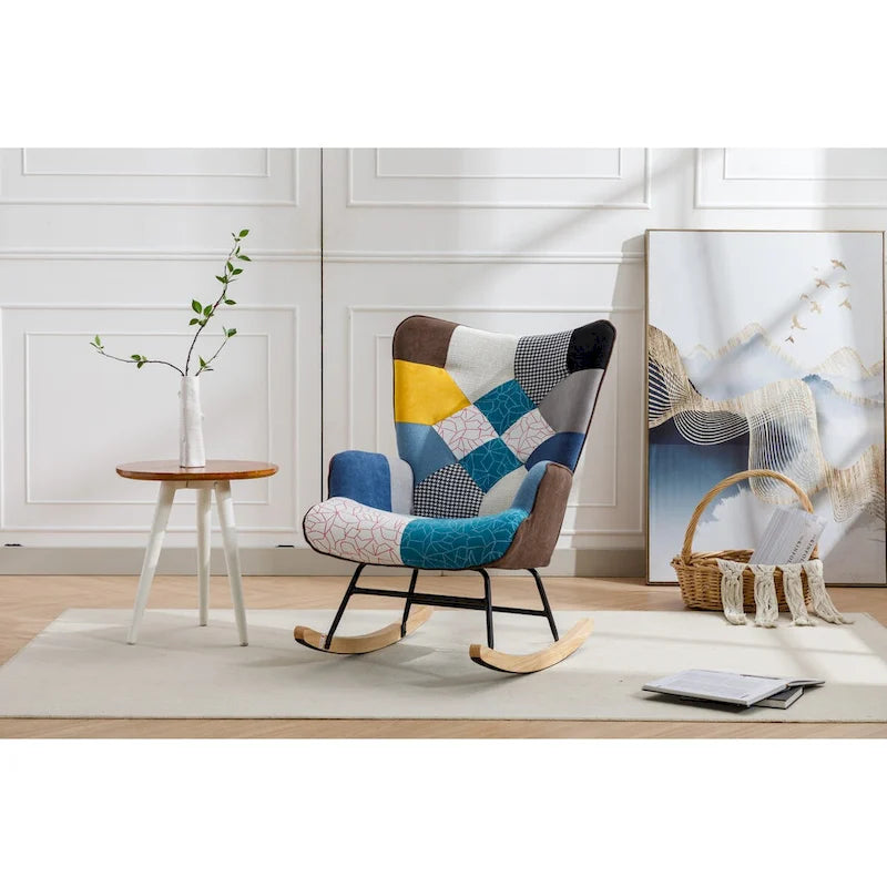Fauteuil à bascule d'appoint capitonné patchwork avec dossier haut incurvé multicolore