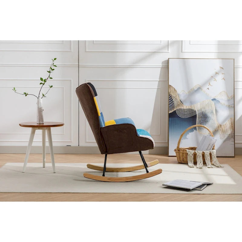Fauteuil à bascule d'appoint capitonné patchwork avec dossier haut incurvé multicolore