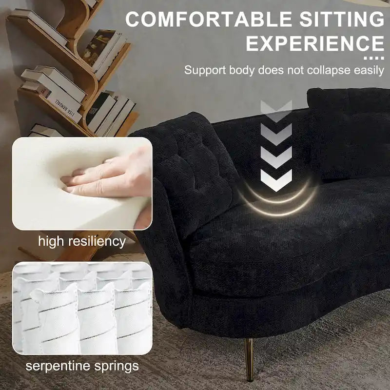 Causeuse en velours capitonnée avec pieds en métal doré, multicolore
